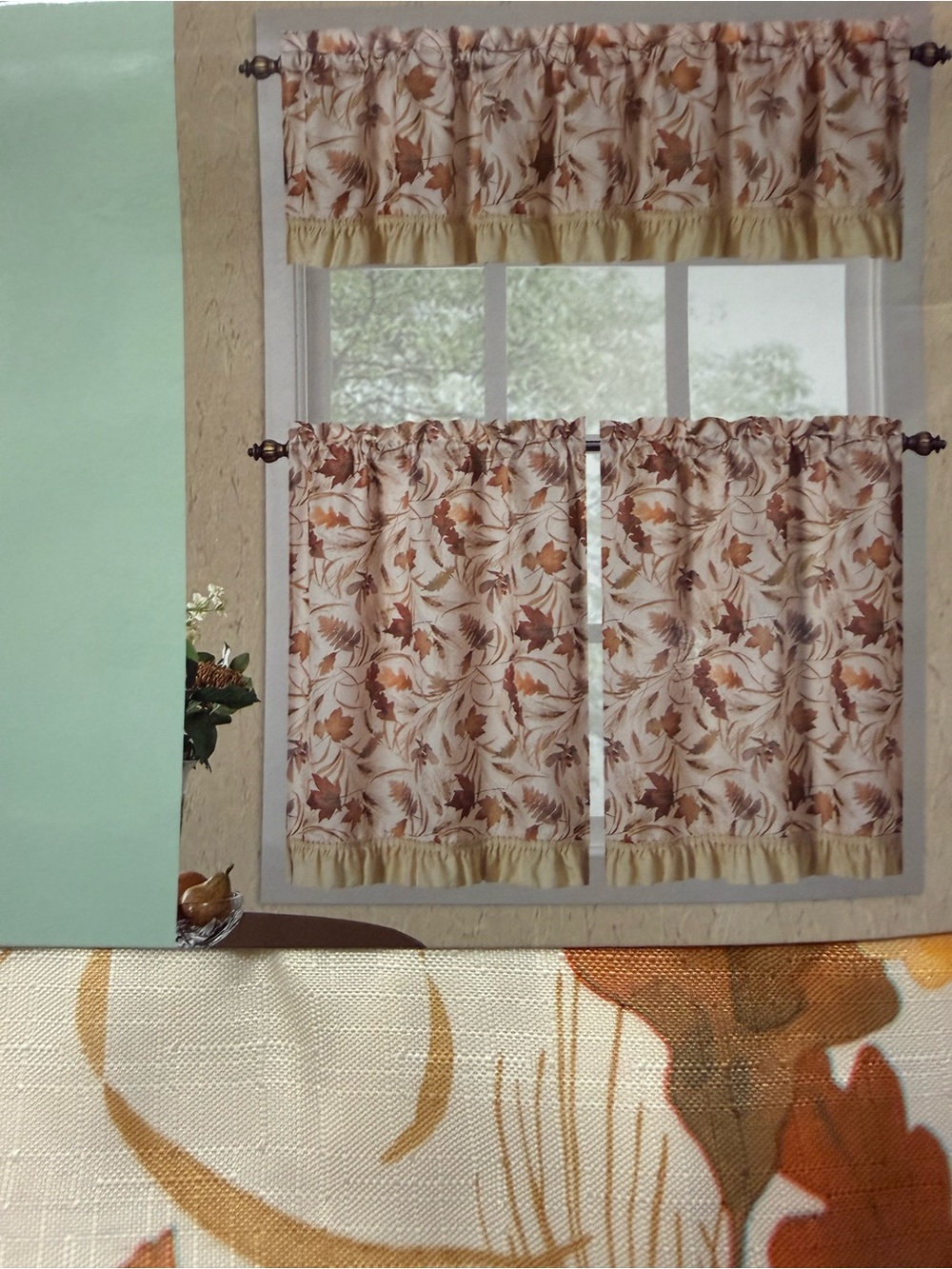 Autumn Leaf Print Tier and Valance Curtain Set - Neutral Brown